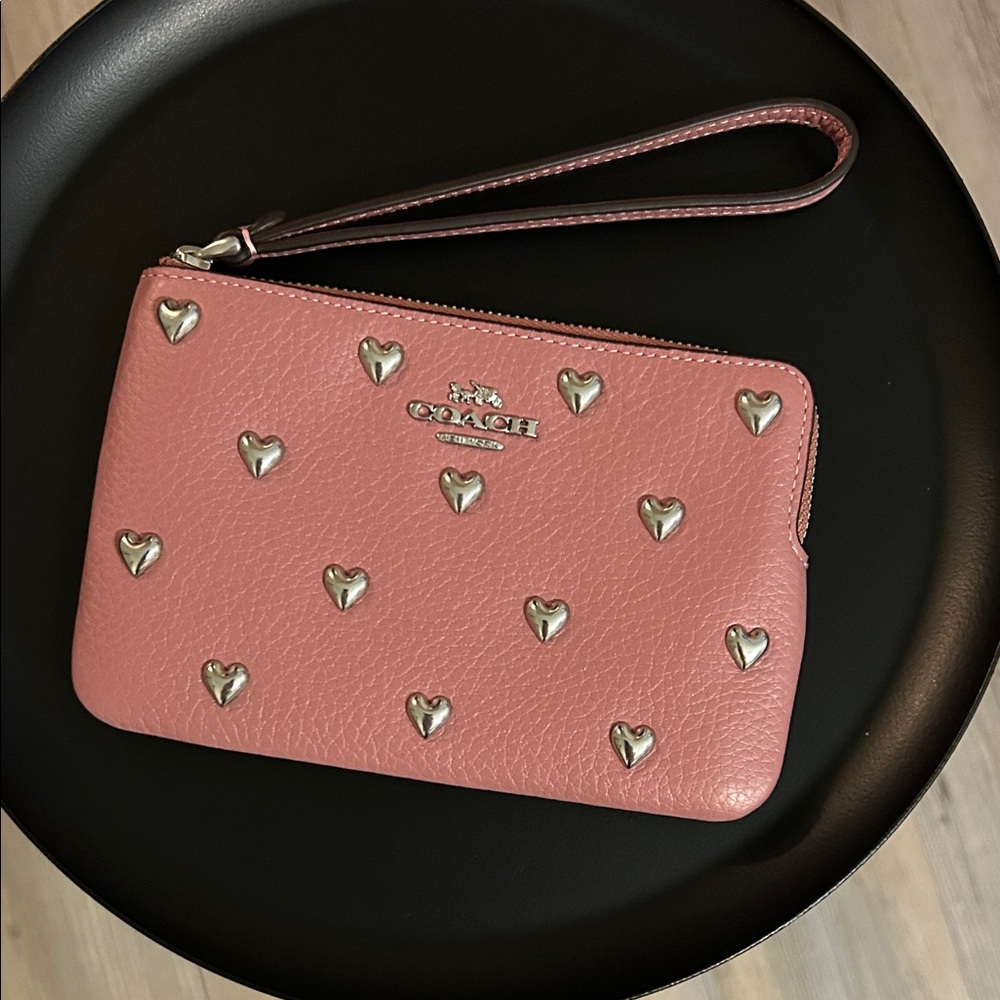 Coach Pink Wristlet with Silver Embellished Heart Details